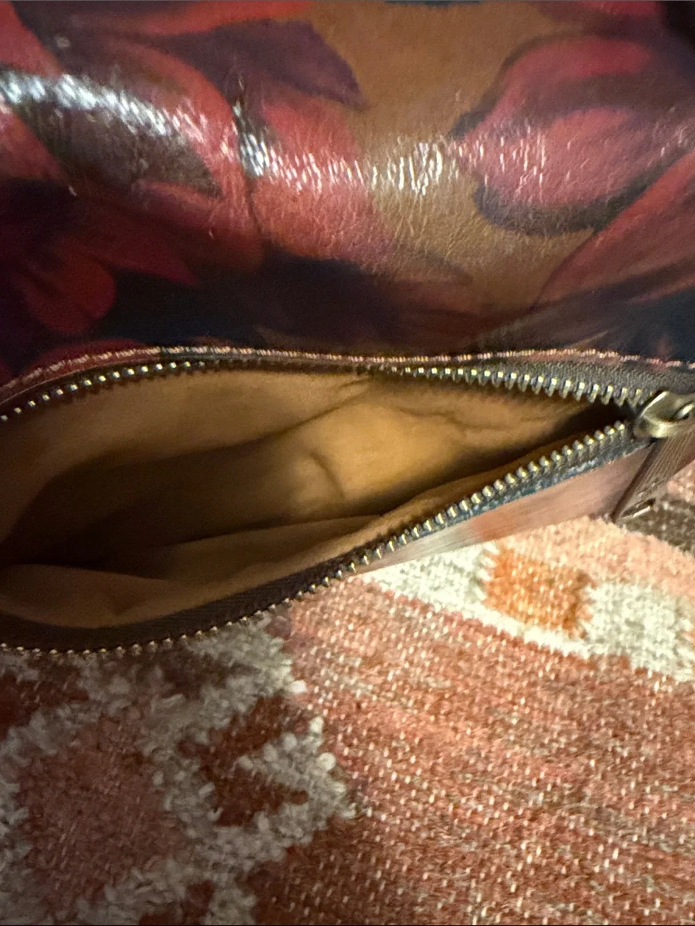 Patricia Nash Leather Chauny Poppy Red Forest Tan Print on All Sides